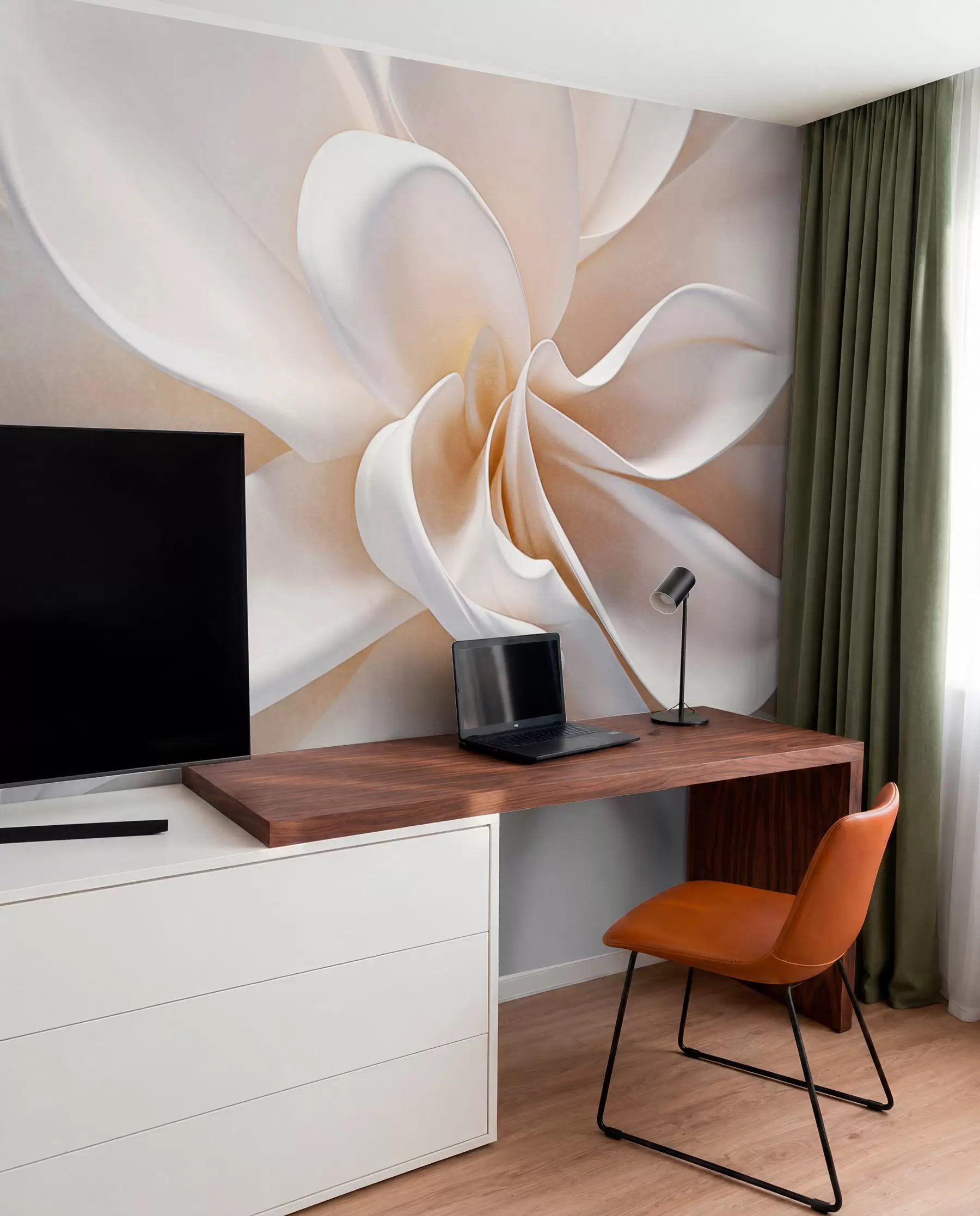 fototapet O floare alb pastel texturat minimalist cu petale moi, lumina si aerisit, pe un fundal alb w08868