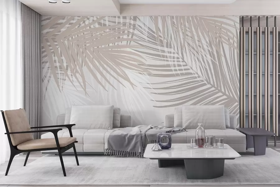 fototapet Frunze de palmier în tonuri de bej deschis și alb, frunze tropicale, culori pastelate moi, design minimalist w08869