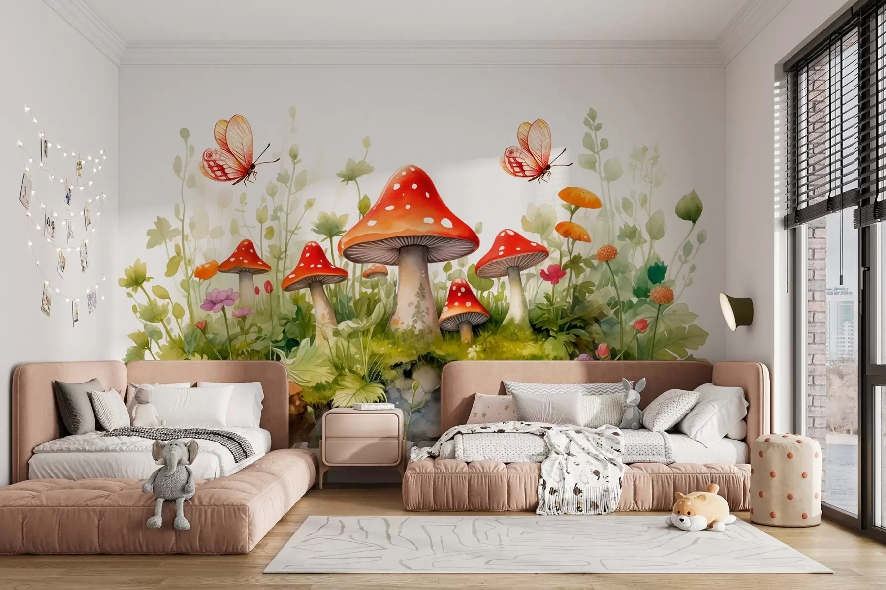 fototapet Un peisaj forestier pe un fundal alb în stil acuarelă cu ciuperci, broaște și fluturi w08854