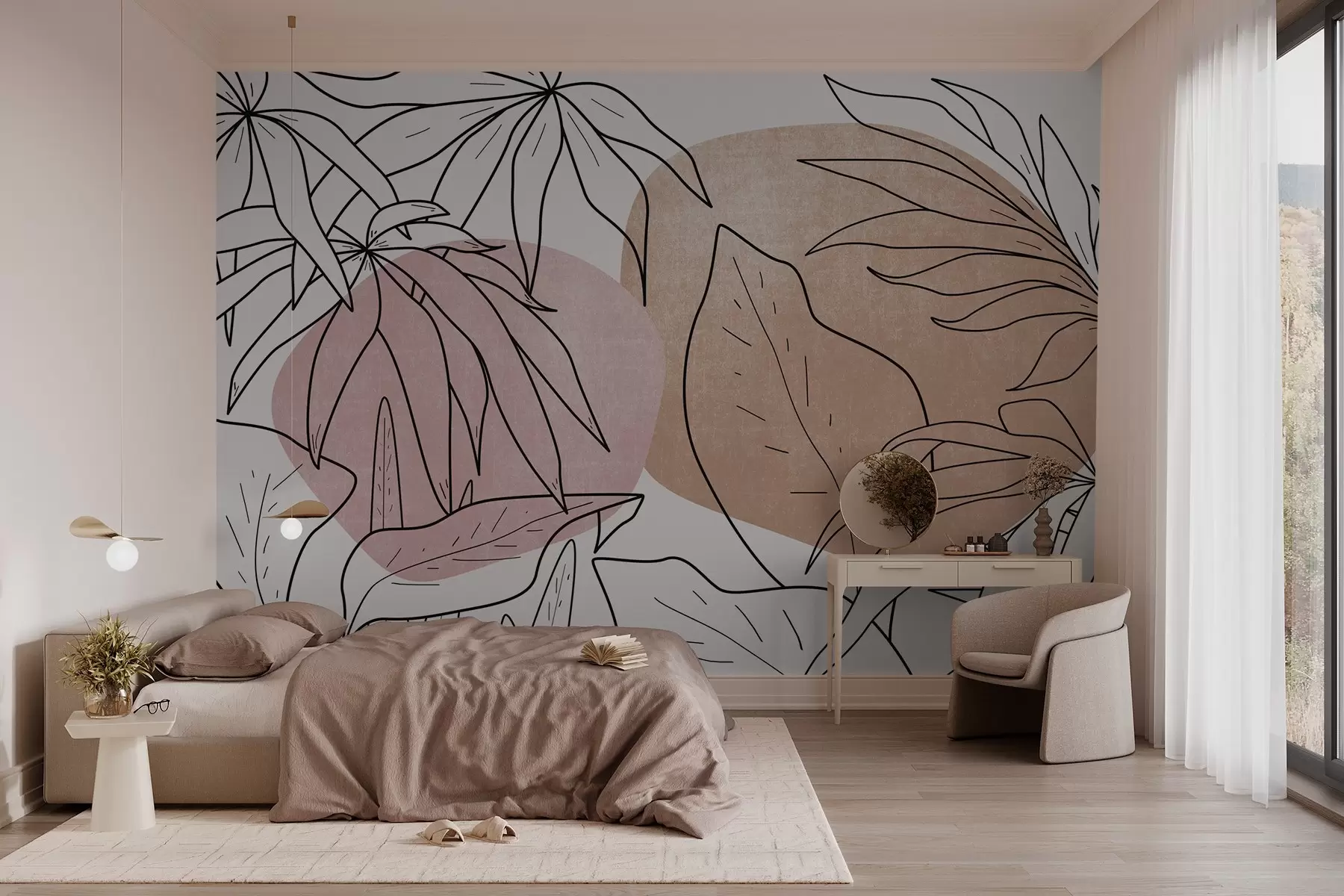 fototapet Desen liniar de plante pe un fundal de pete w03278