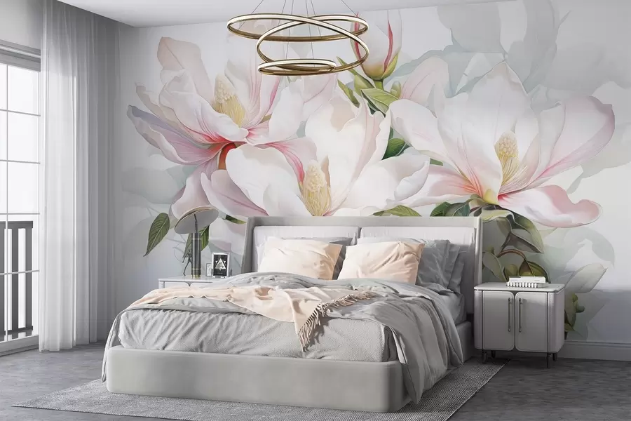 fototapet Flori de magnolie cu petale albe și roz, frunze și ramuri maro, stil acuarelă moale și delicat w08885