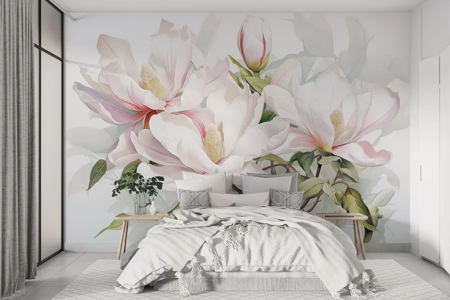 fototapet Flori de magnolie cu petale albe și roz, frunze și ramuri maro, stil acuarelă moale și delicat w08885
