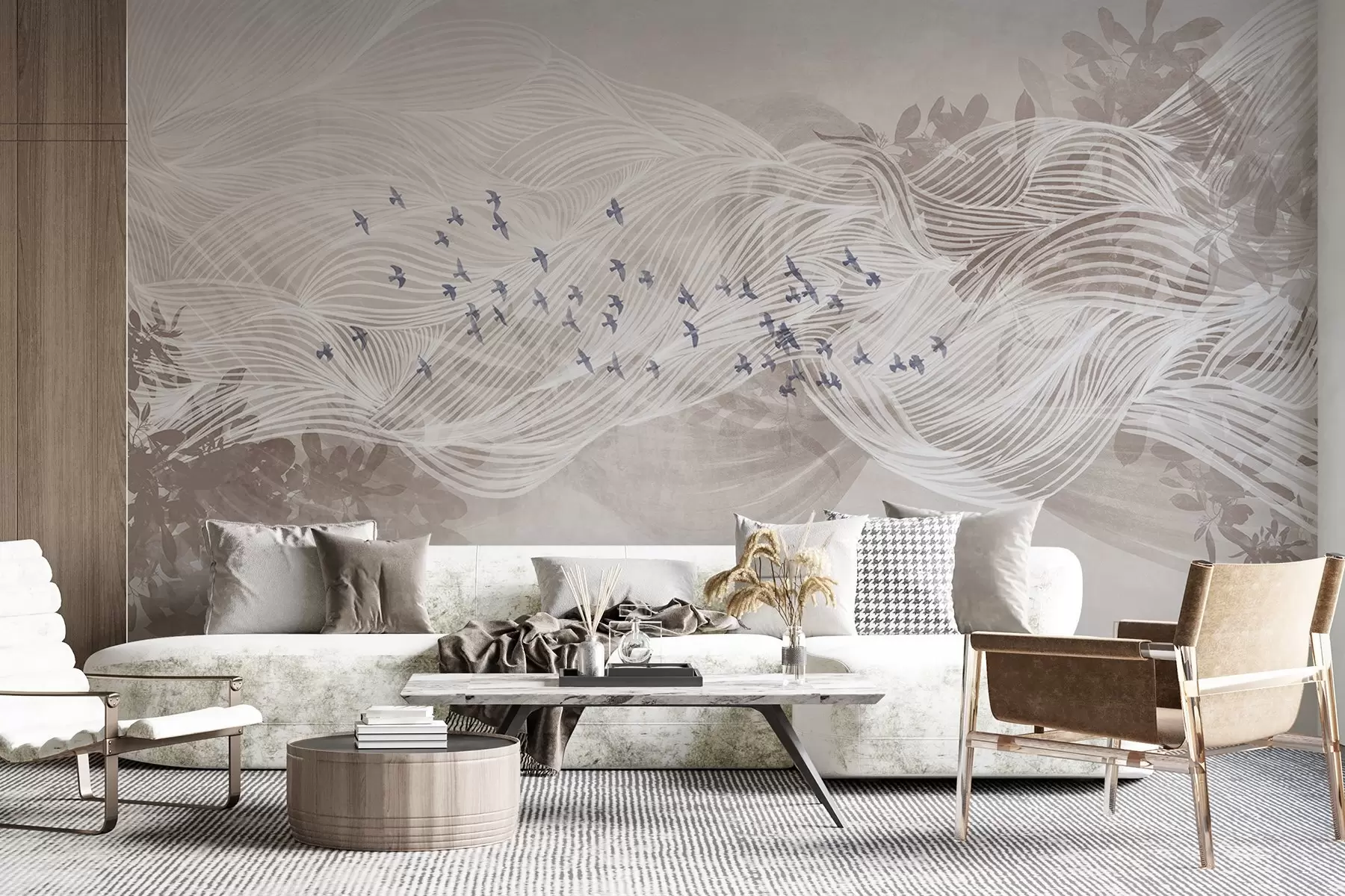 fototapet Stol de păsări care zboară peste linie abstract arta peisaj texturat valuri bej, culori moi, design minimalist w08898