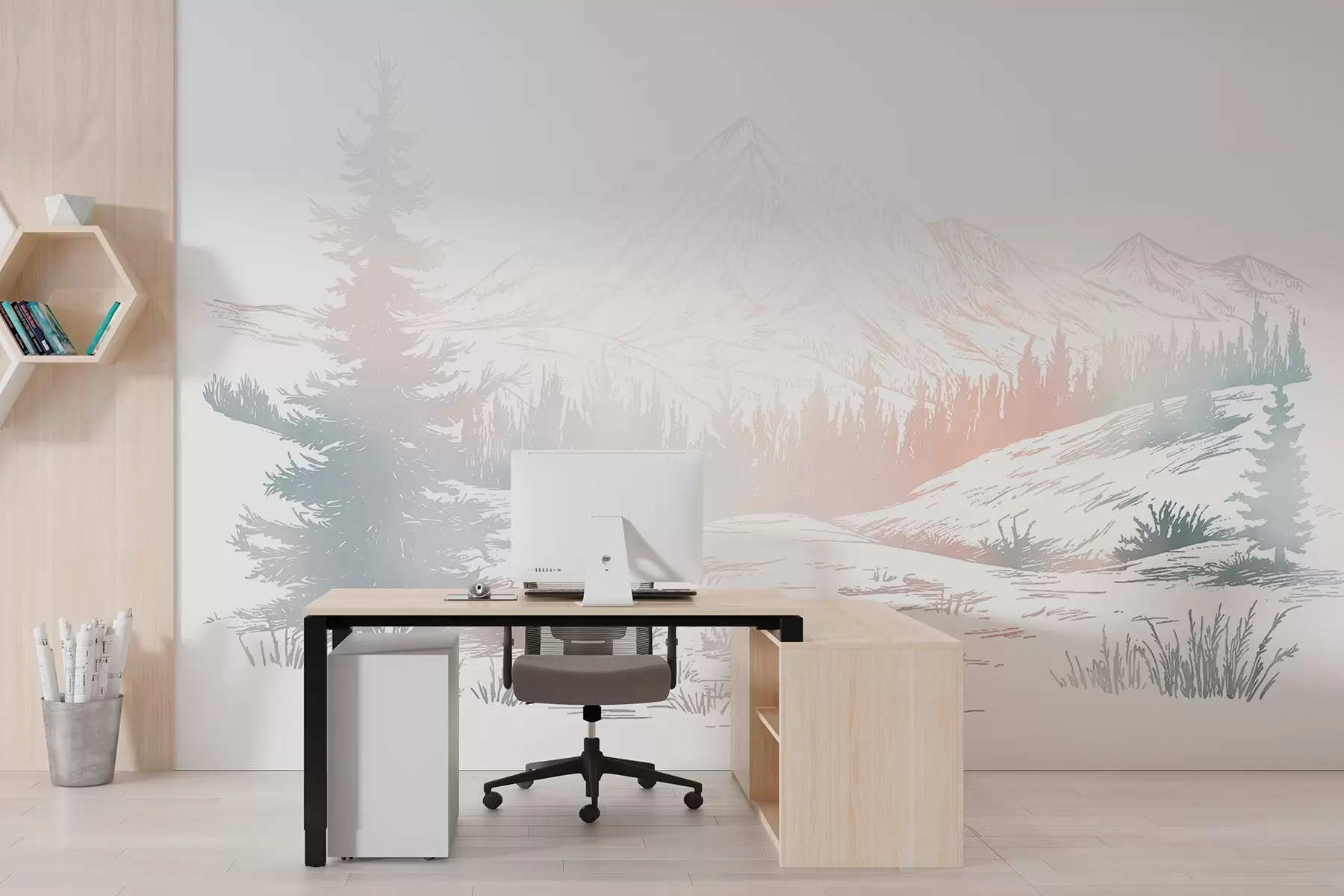 fototapet Munți peisaj cu copaci de pin, pădure, natură, colorat w03344v4