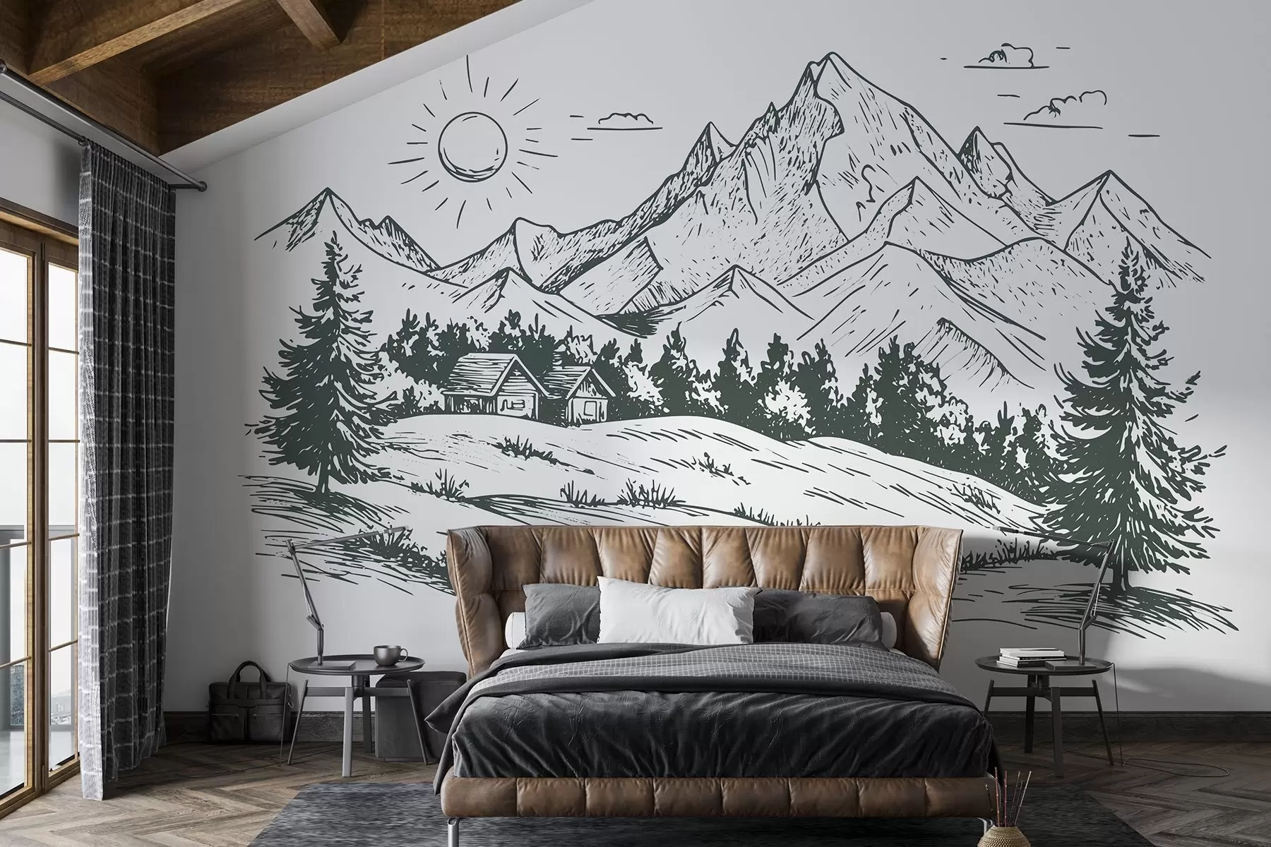 fototapet Munți desen, peisaje naturale, pădure, case din lemn, culoare verde w03347