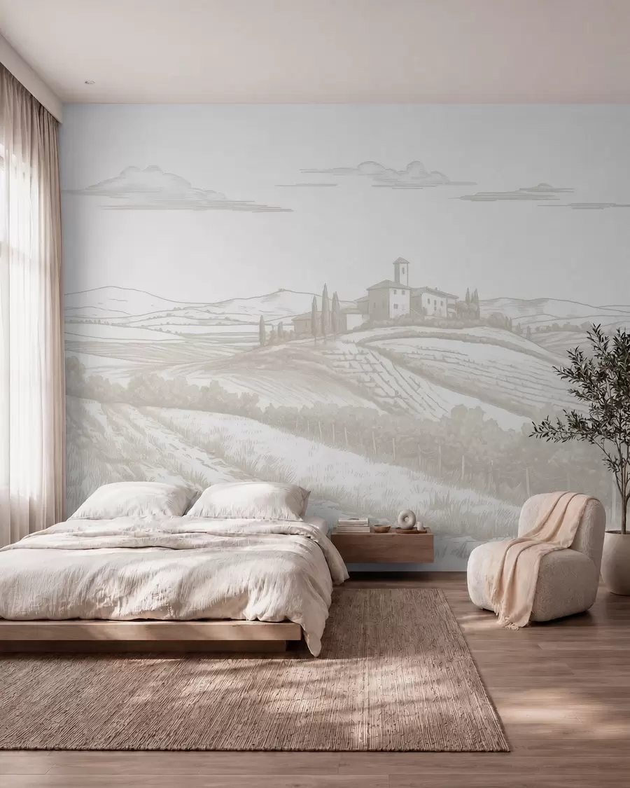 fototapet Toscana peisaje, Italia, podgorii, natura, castel vechi, culori bej w03349