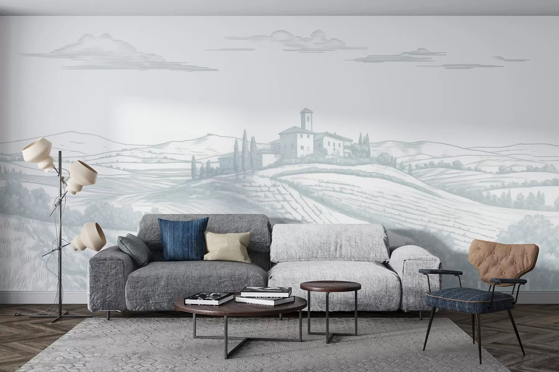 fototapet Toscana peisaje, Italia, podgorii, natura, castel vechi, culori albastre w03349v1