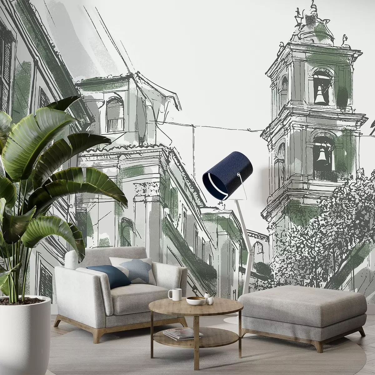 fototapet Strada orașului mediteranean, capelă, arhitectură, culori gri și verde w03350v2