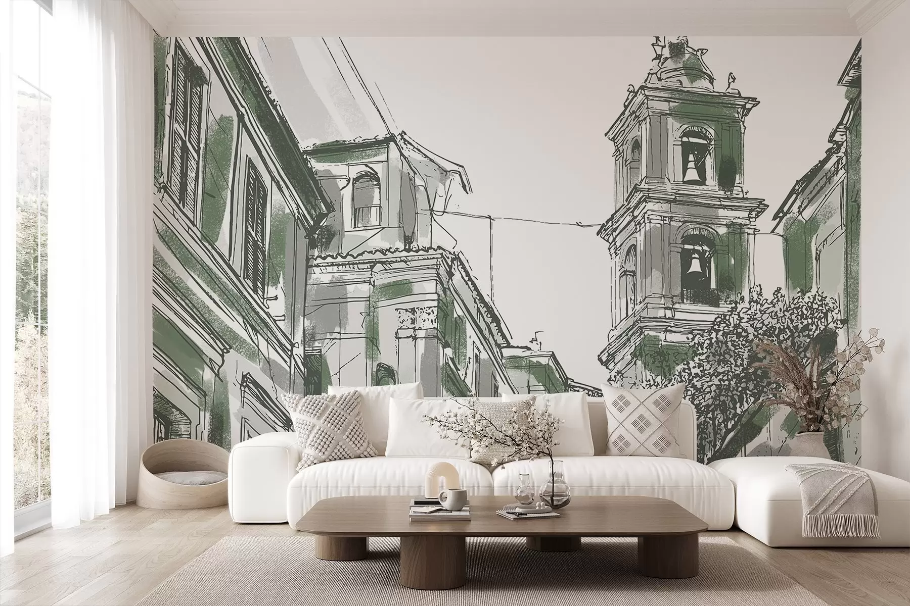 fototapet Strada orașului mediteranean, capelă, arhitectură, culori gri și verde w03350v2
