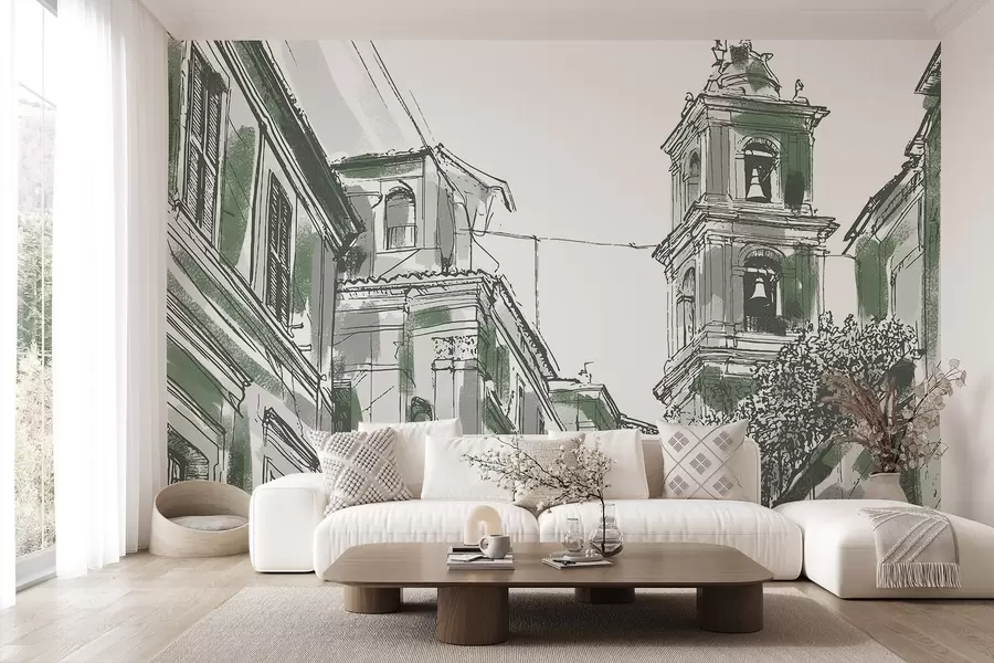 fototapet Strada orașului mediteranean, capelă, arhitectură, culori gri și verde w03350v2