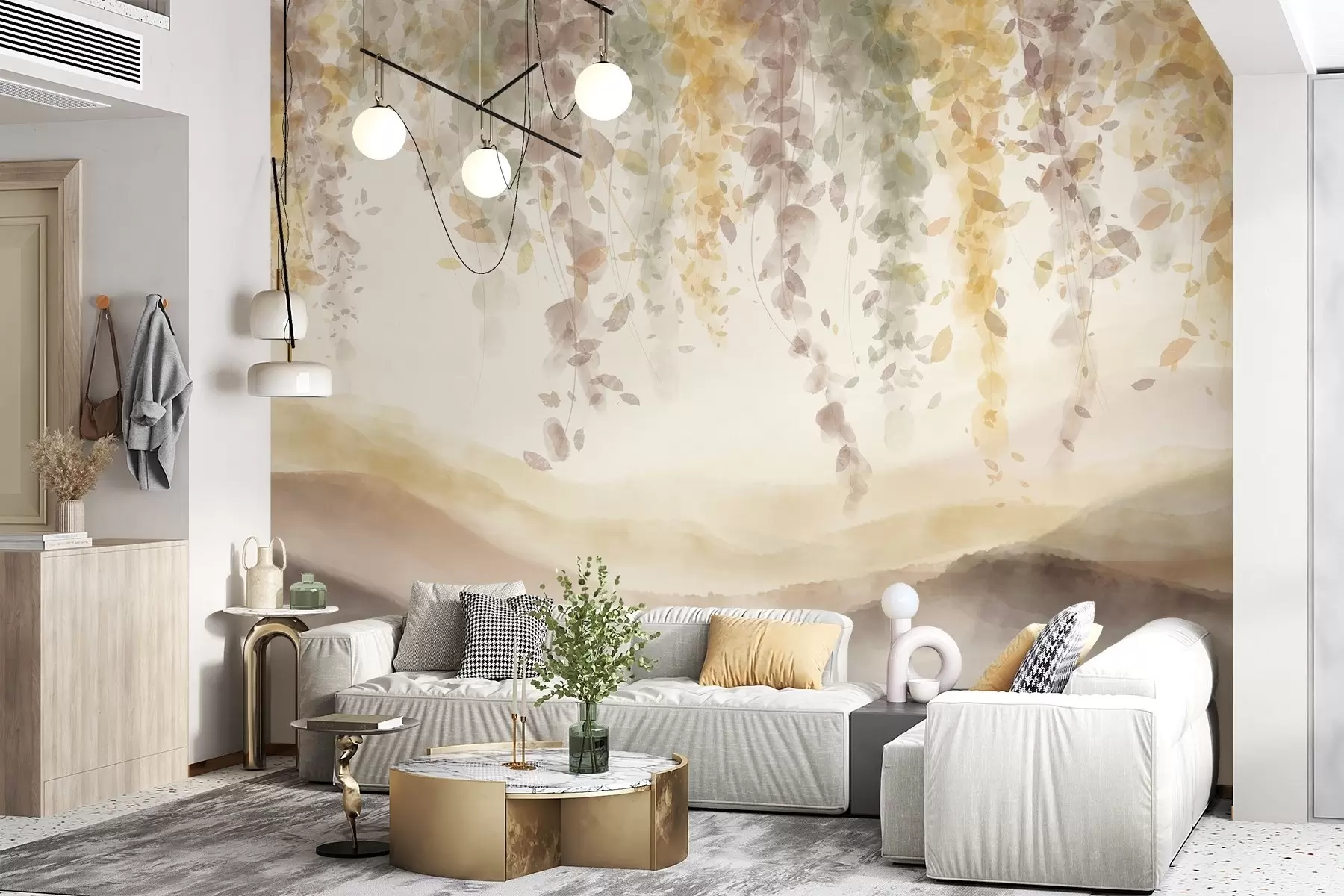 fototapet Wisteria frunze agățat peste munți blured, moale pastel galben și maro culori, peisaj stil acuarelă w08909v1