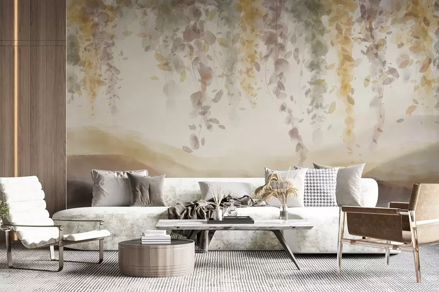 fototapet Wisteria frunze agățat peste munți blured, moale pastel galben și maro culori, peisaj stil acuarelă w08909v1