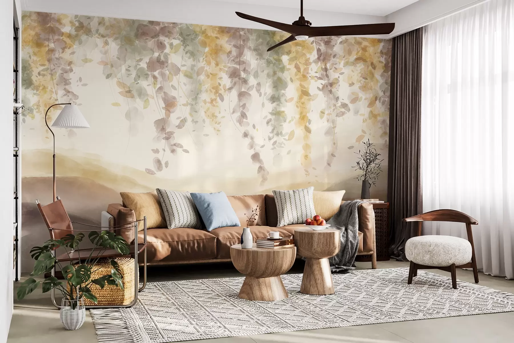 fototapet Wisteria frunze agățat peste munți blured, moale pastel galben și maro culori, peisaj stil acuarelă w08909v1