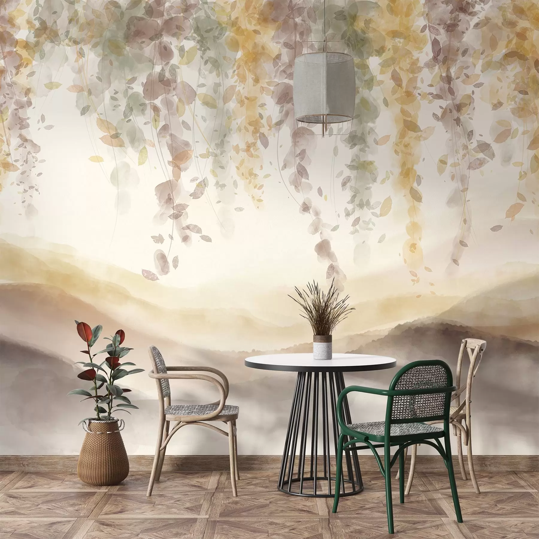 fototapet Wisteria frunze agățat peste munți blured, moale pastel galben și maro culori, peisaj stil acuarelă w08909v1