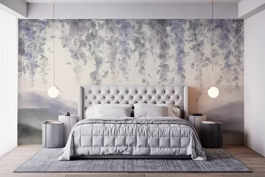 fototapet Wisteria frunze agățat peste munți blured, moale pastel albastru și gri culori, peisaj stil acuarelă w08909