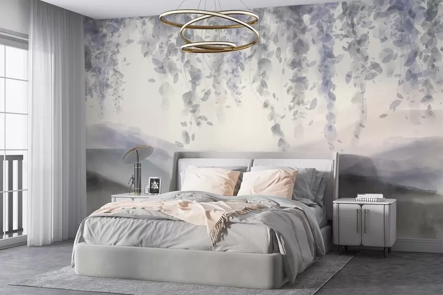 fototapet Wisteria frunze agățat peste munți blured, moale pastel albastru și gri culori, peisaj stil acuarelă w08909