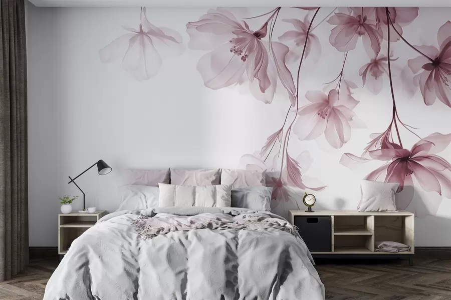 fototapet Flori roz cu petale translucide agățate de o ramură, roz și alb, compoziție de artă modernă minimalistă w08911v2