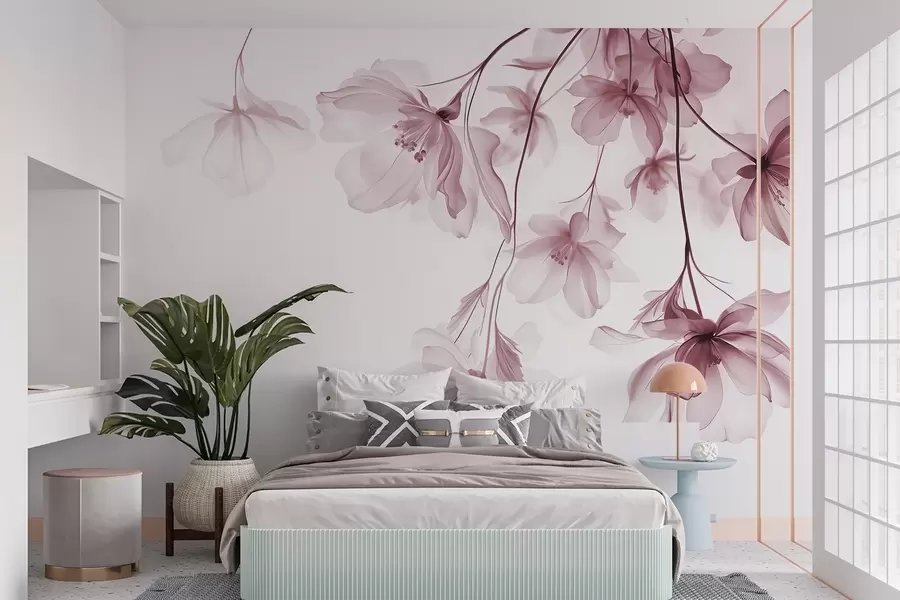 fototapet Flori roz cu petale translucide agățate de o ramură, roz și alb, compoziție de artă modernă minimalistă w08911v2