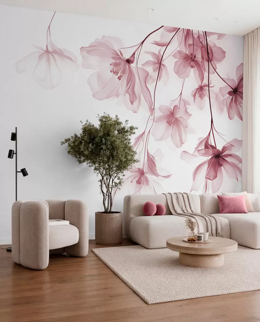 fototapet Flori roz cu petale translucide agățate de o ramură, roz și alb, compoziție de artă modernă minimalistă w08911v2