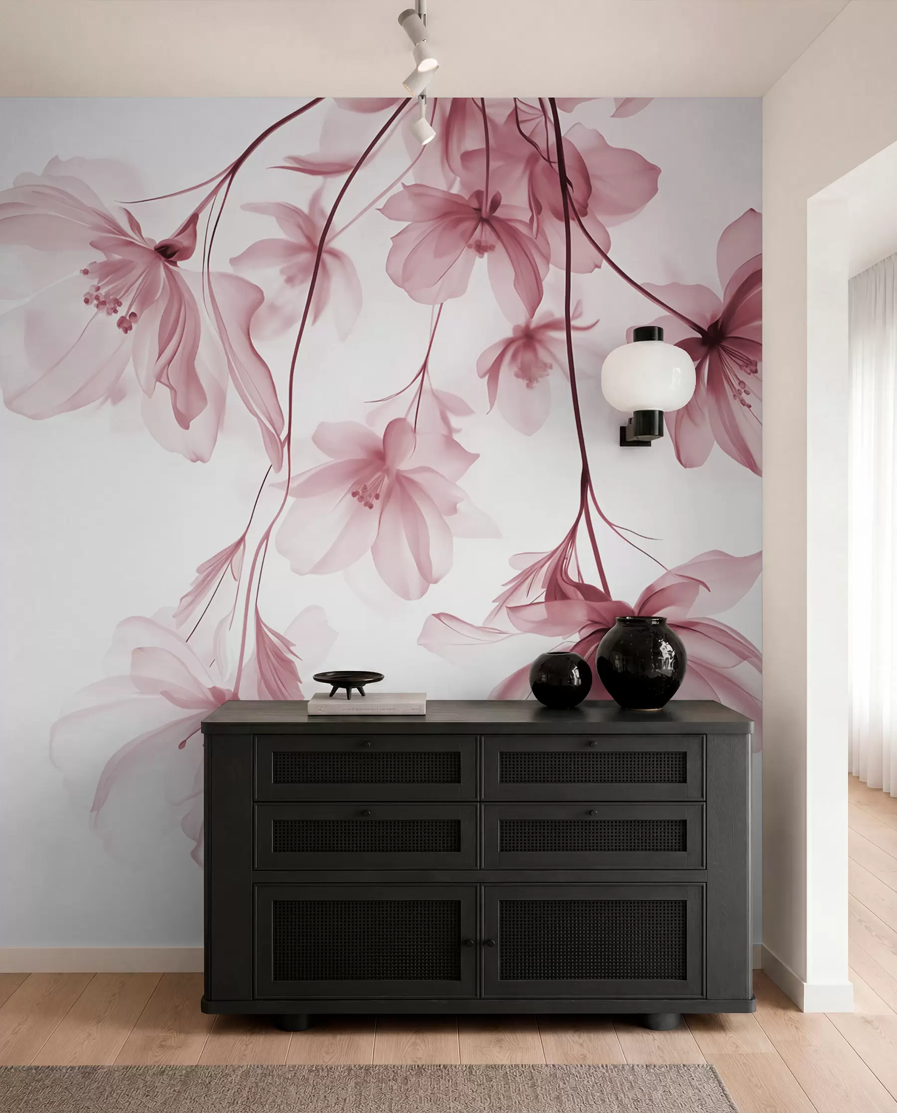 fototapet Flori roz cu petale translucide agățate de o ramură, roz și alb, compoziție de artă modernă minimalistă w08911v2