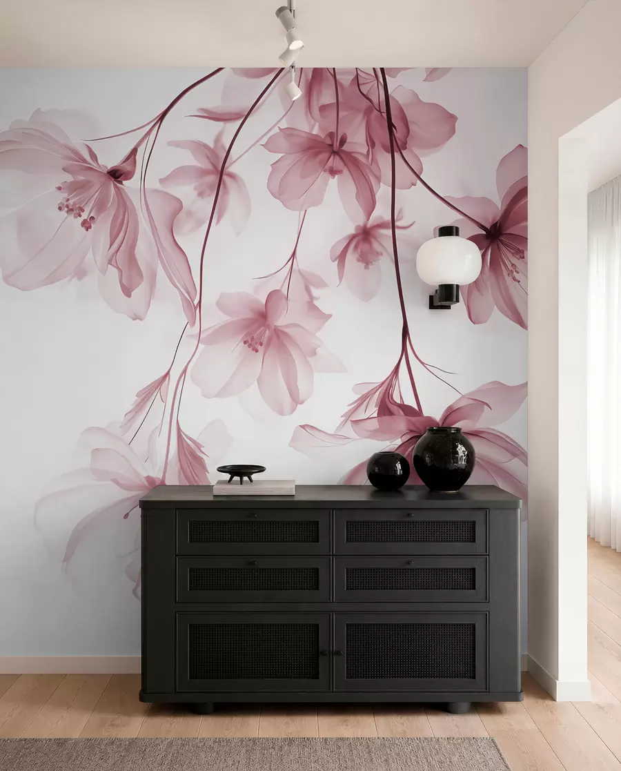 fototapet Flori roz cu petale translucide agățate de o ramură, roz și alb, compoziție de artă modernă minimalistă w08911v2