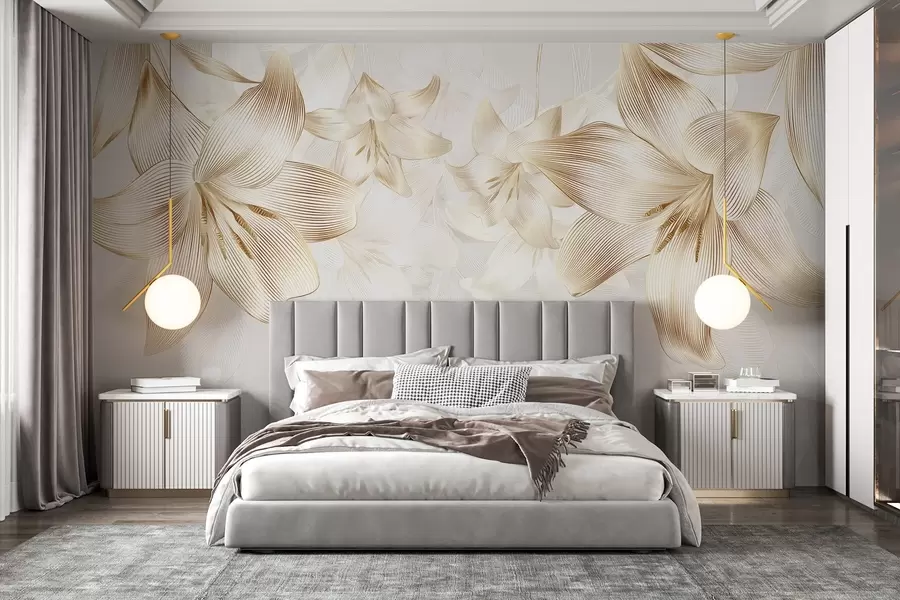 fototapet Crini galbeni cu linii complicate, aranjament floral elegant, paleta de culori neutre w08912