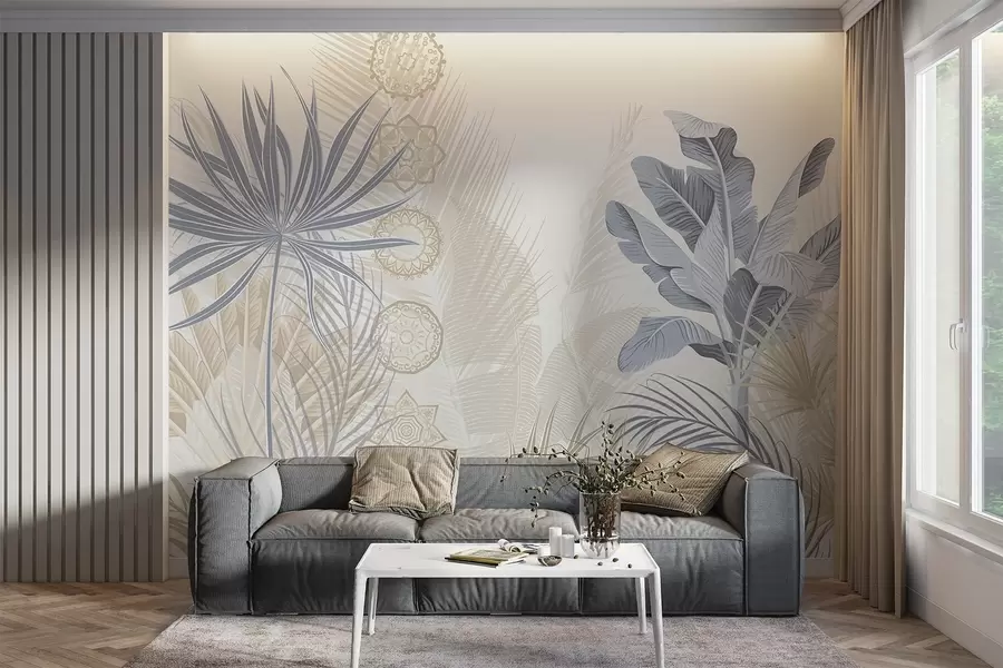 fototapet Frunze tropicale în tonuri de albastru și bej, frunze de palmier, frunze de banane și ornamente mandala, fundal deschis w08913v2