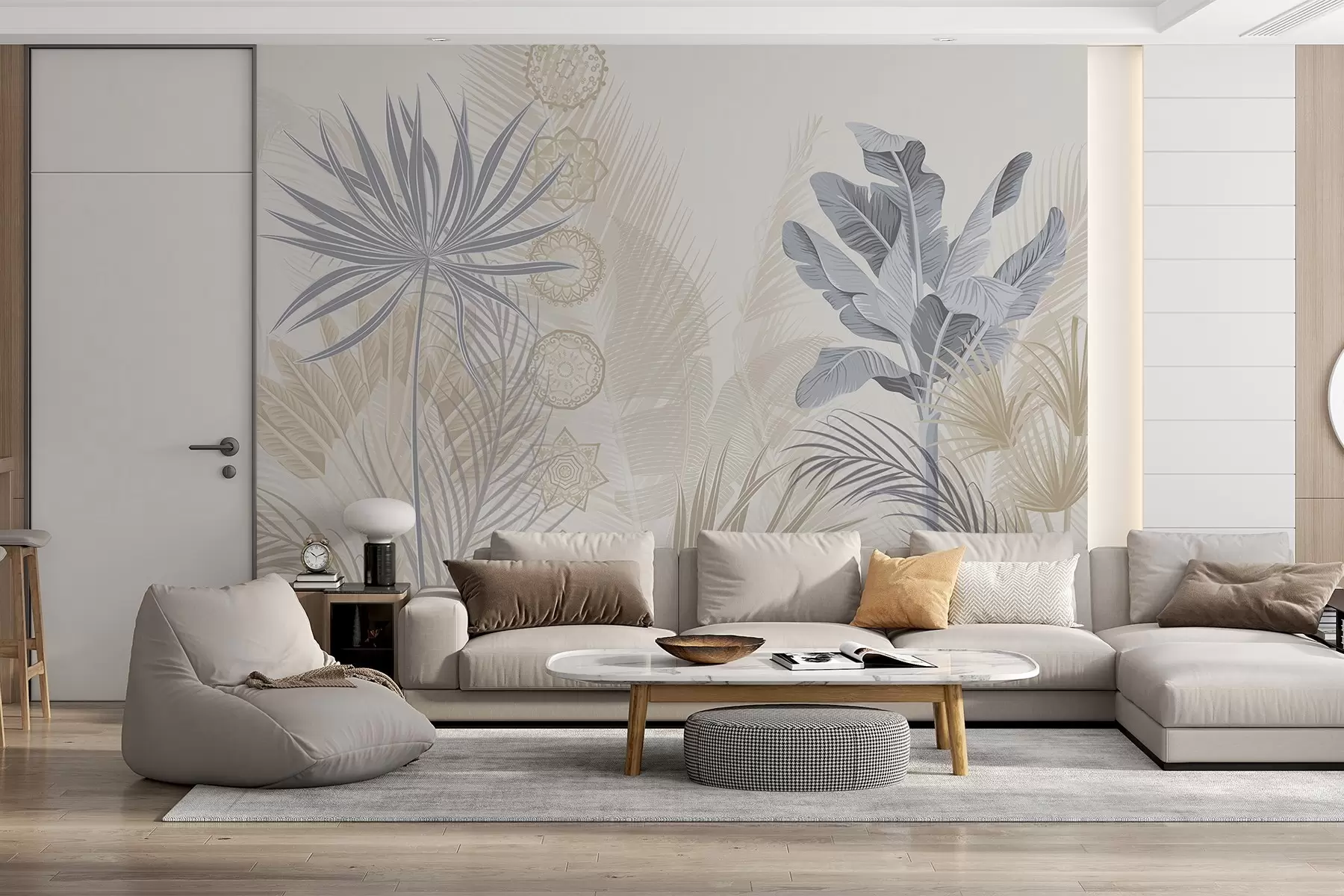 fototapet Frunze tropicale în tonuri de albastru și bej, frunze de palmier, frunze de banane și ornamente mandala, fundal deschis w08913v2