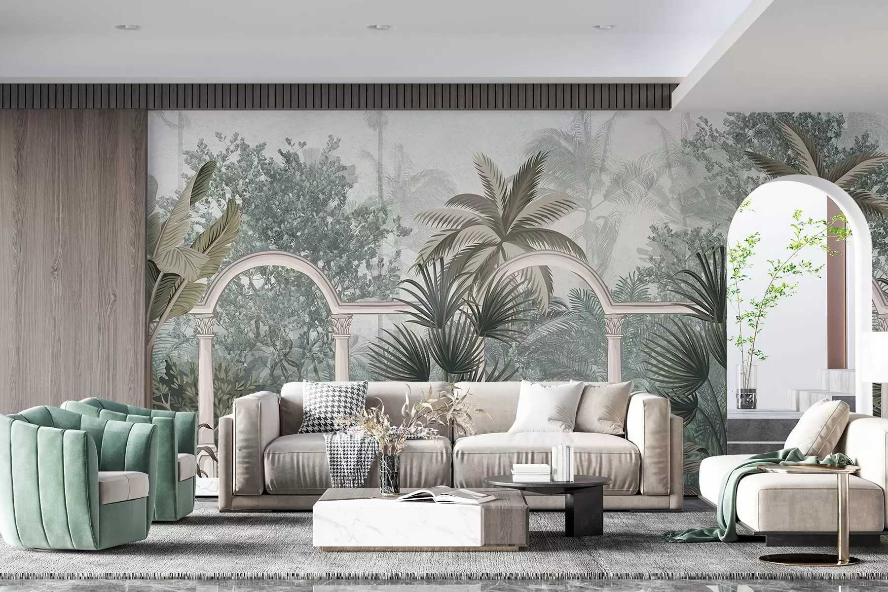 fototapet Grădină tropicală texturată cu palmieri și vegetație luxuriantă, balustradă cu arcuri, culori stinse, stil vintage w08916