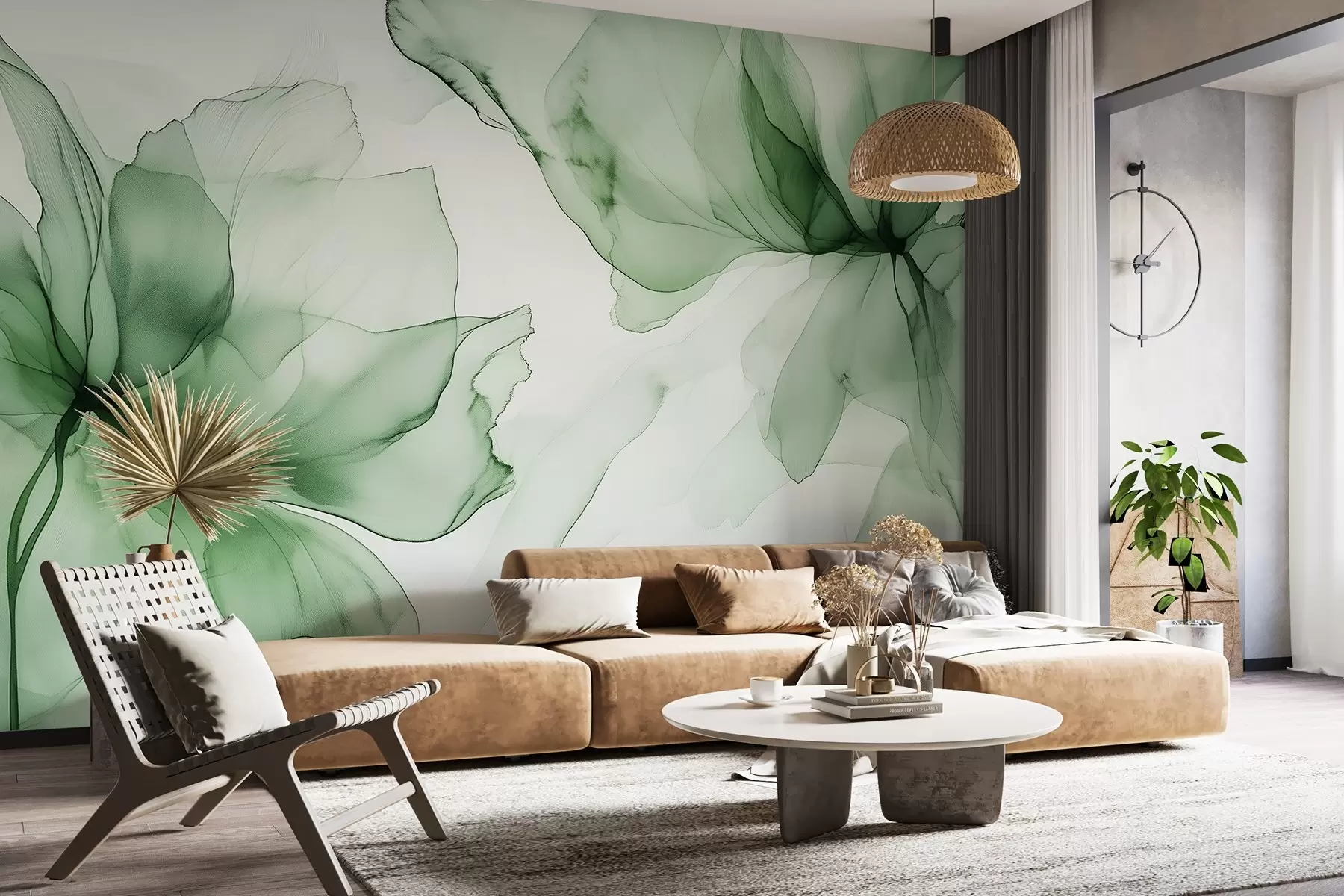 fototapet Flori în stil fluid, abstracție florală, acuarelă, paleta de culori verde w03406