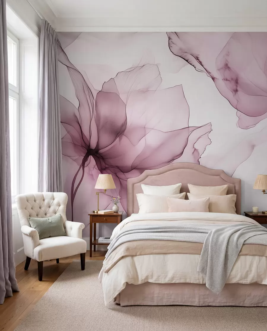 fototapet Flori în stil fluid, abstracție florală, acuarelă, paletă de culori roz w03406v1
