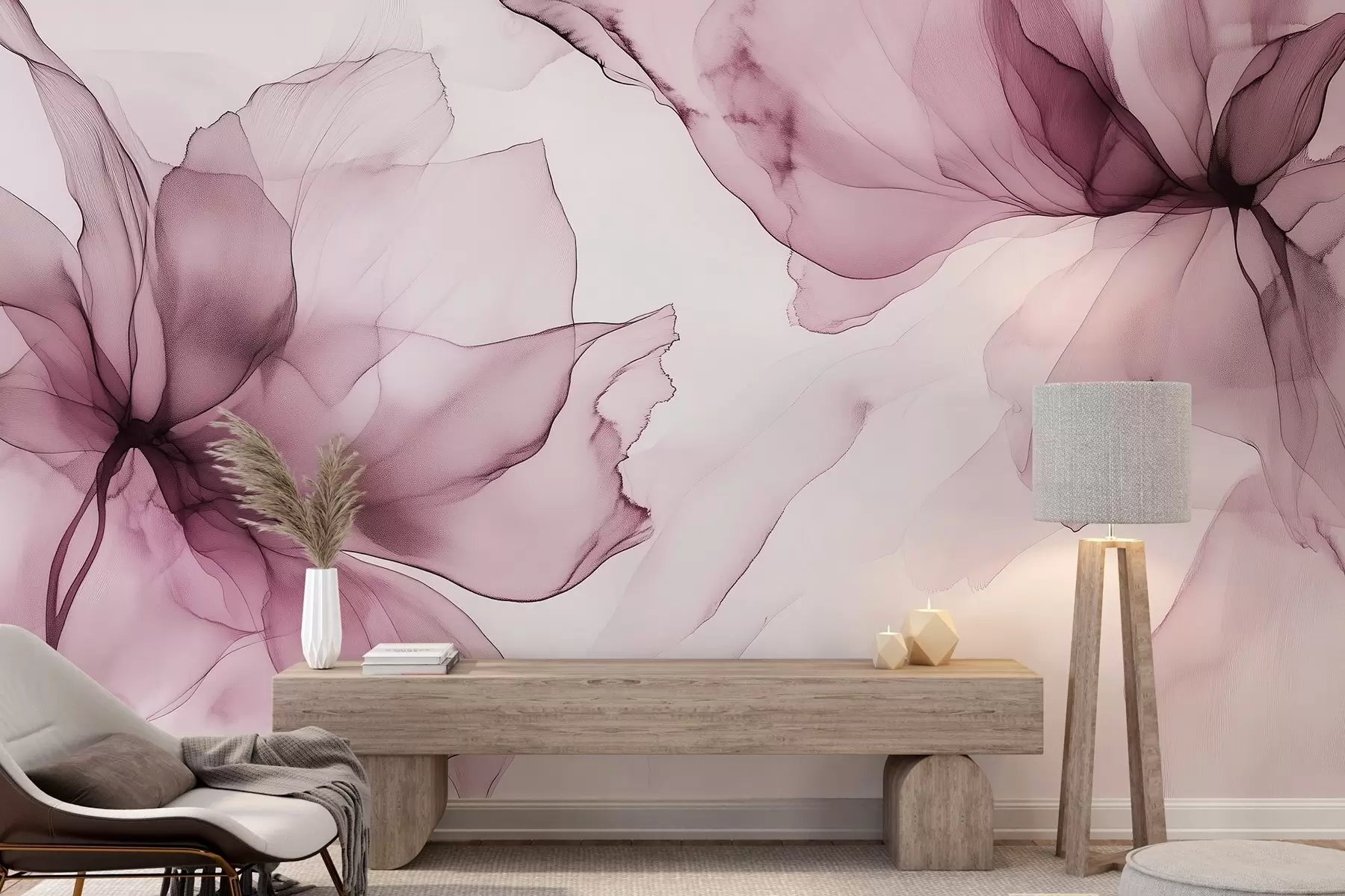 fototapet Flori în stil fluid, abstracție florală, acuarelă, paletă de culori roz w03406v1