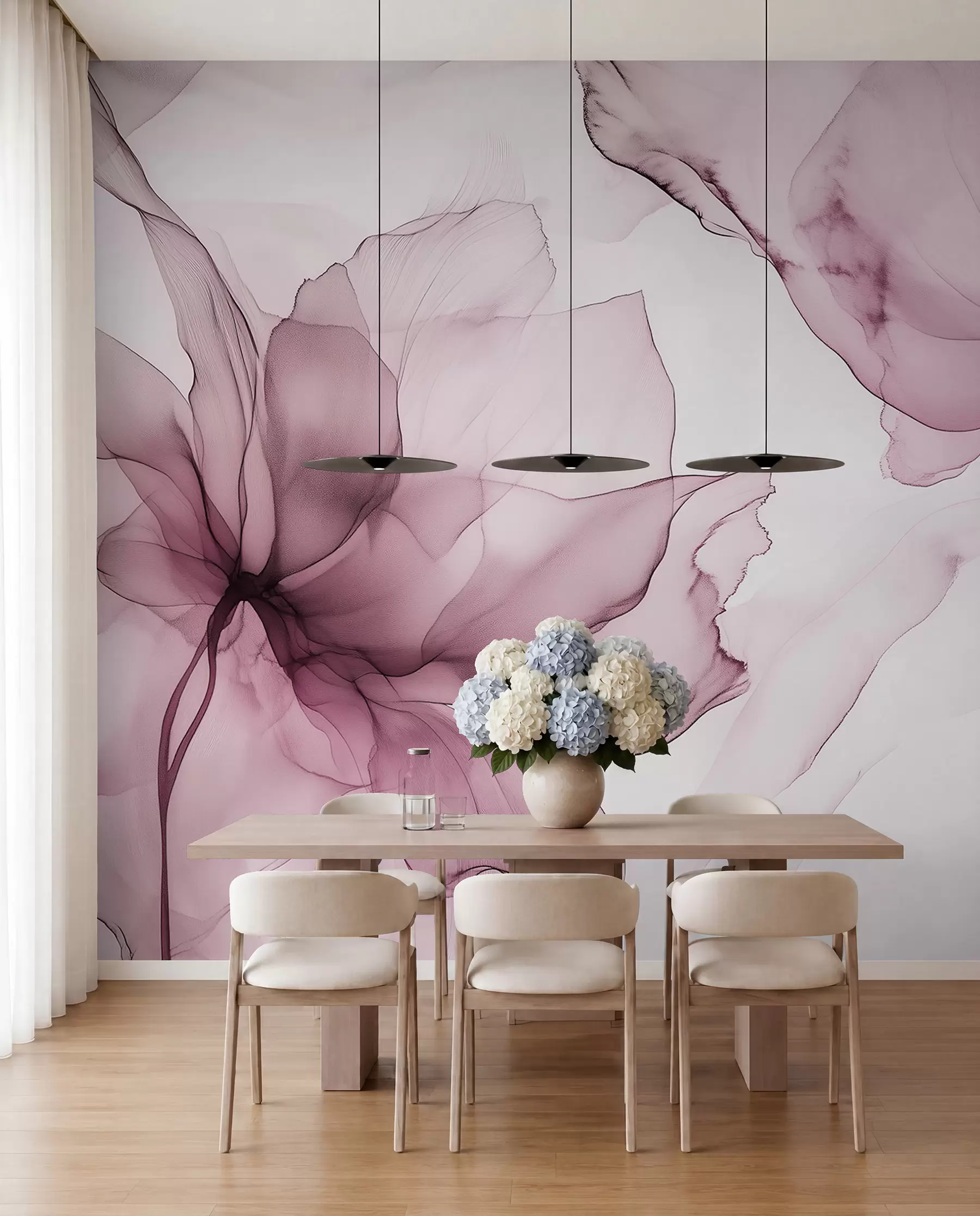 fototapet Flori în stil fluid, abstracție florală, acuarelă, paletă de culori roz w03406v1
