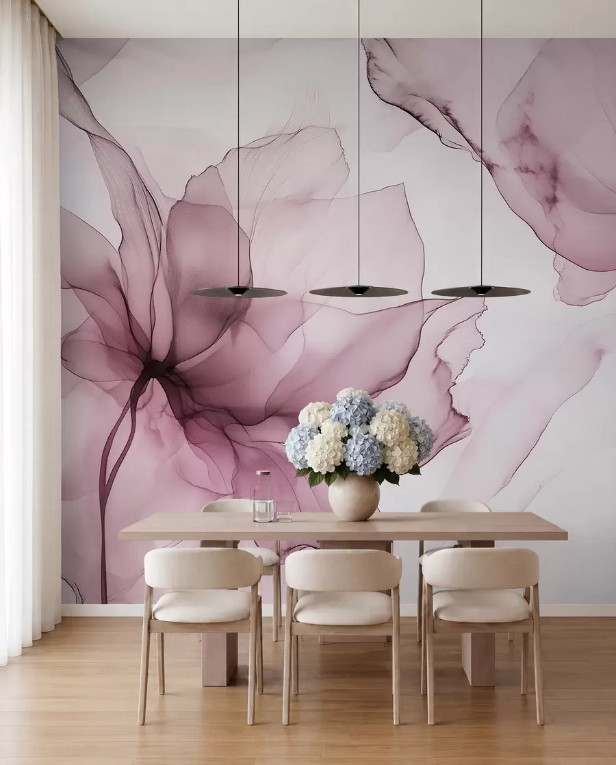 fototapet Flori în stil fluid, abstracție florală, acuarelă, paletă de culori roz w03406v1