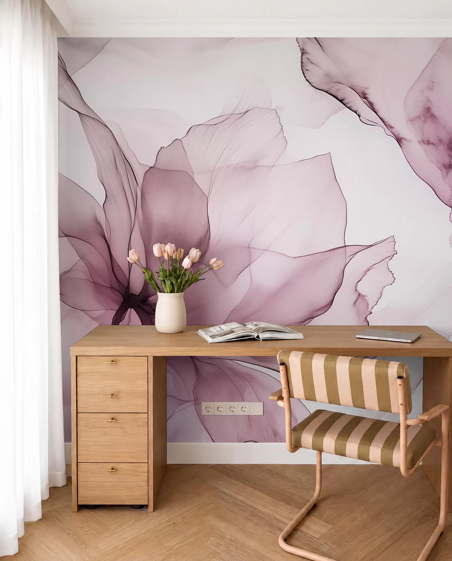 fototapet Flori în stil fluid, abstracție florală, acuarelă, paletă de culori roz w03406v1