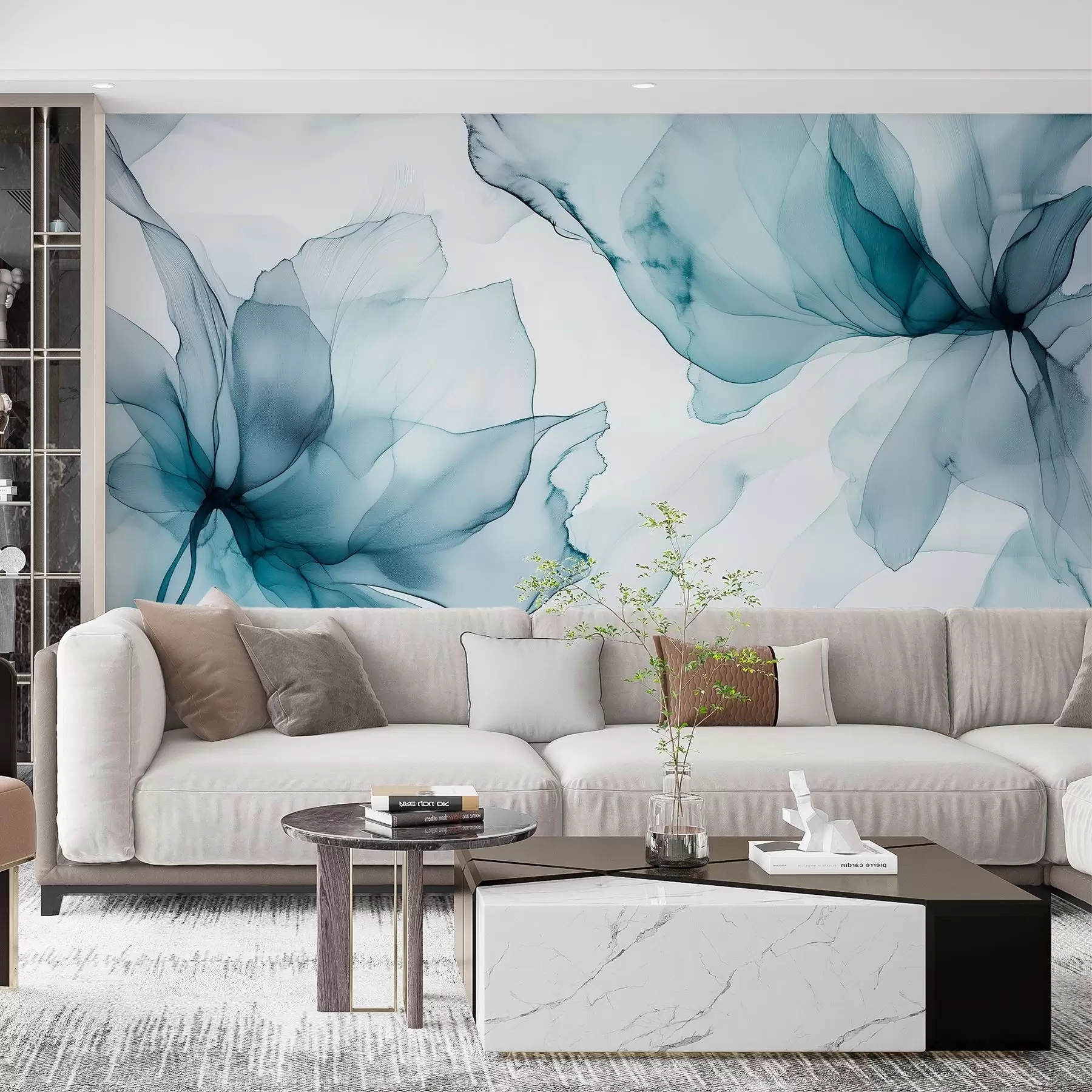 fototapet Flori în stil fluid, abstracție florală, acuarelă, paleta de culori albastru w03406v2