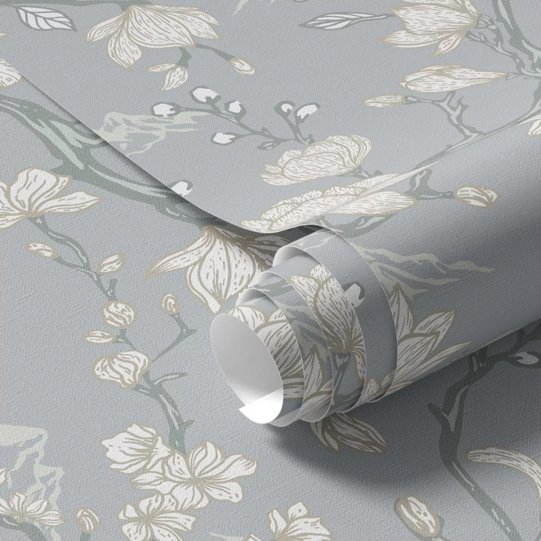 fototapet Flori albe pe ramuri și munți pe un fundal albastru a00021