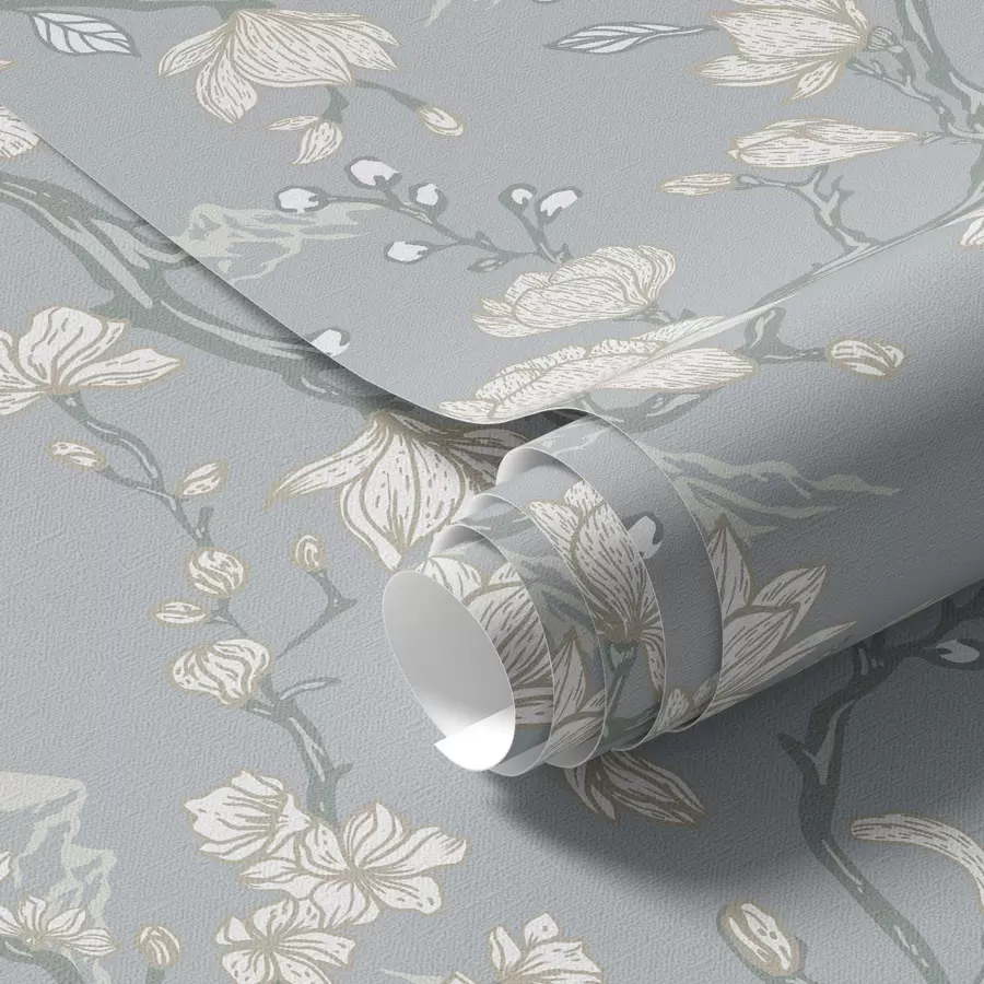 fototapet Flori albe pe ramuri și munți pe un fundal albastru a00021