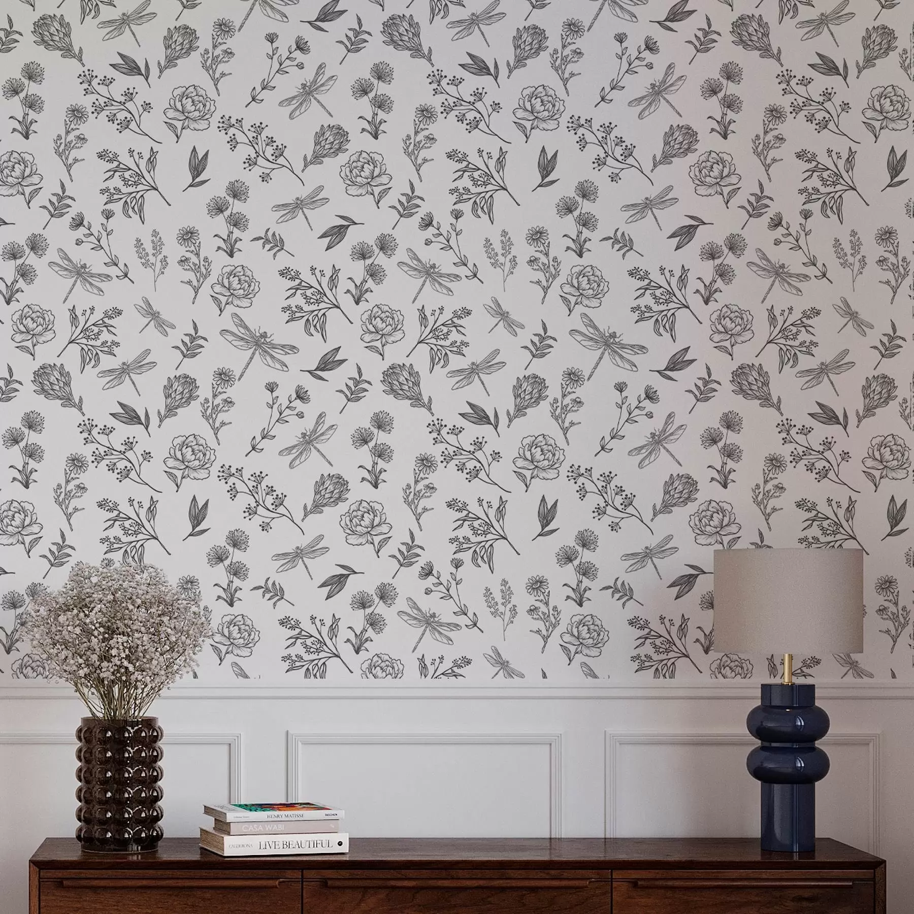 fototapet Flori, frunze și libelule pe fundal alb a00025v1