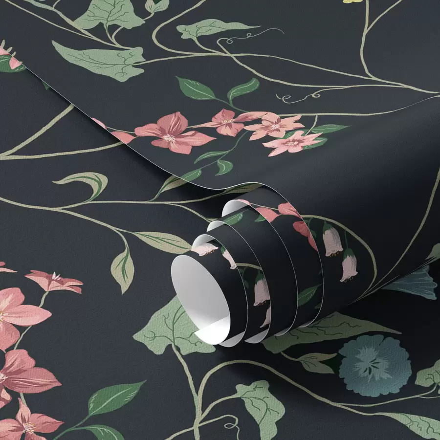 fototapet Flori, frunze și tulpini pe fundal închis a00047