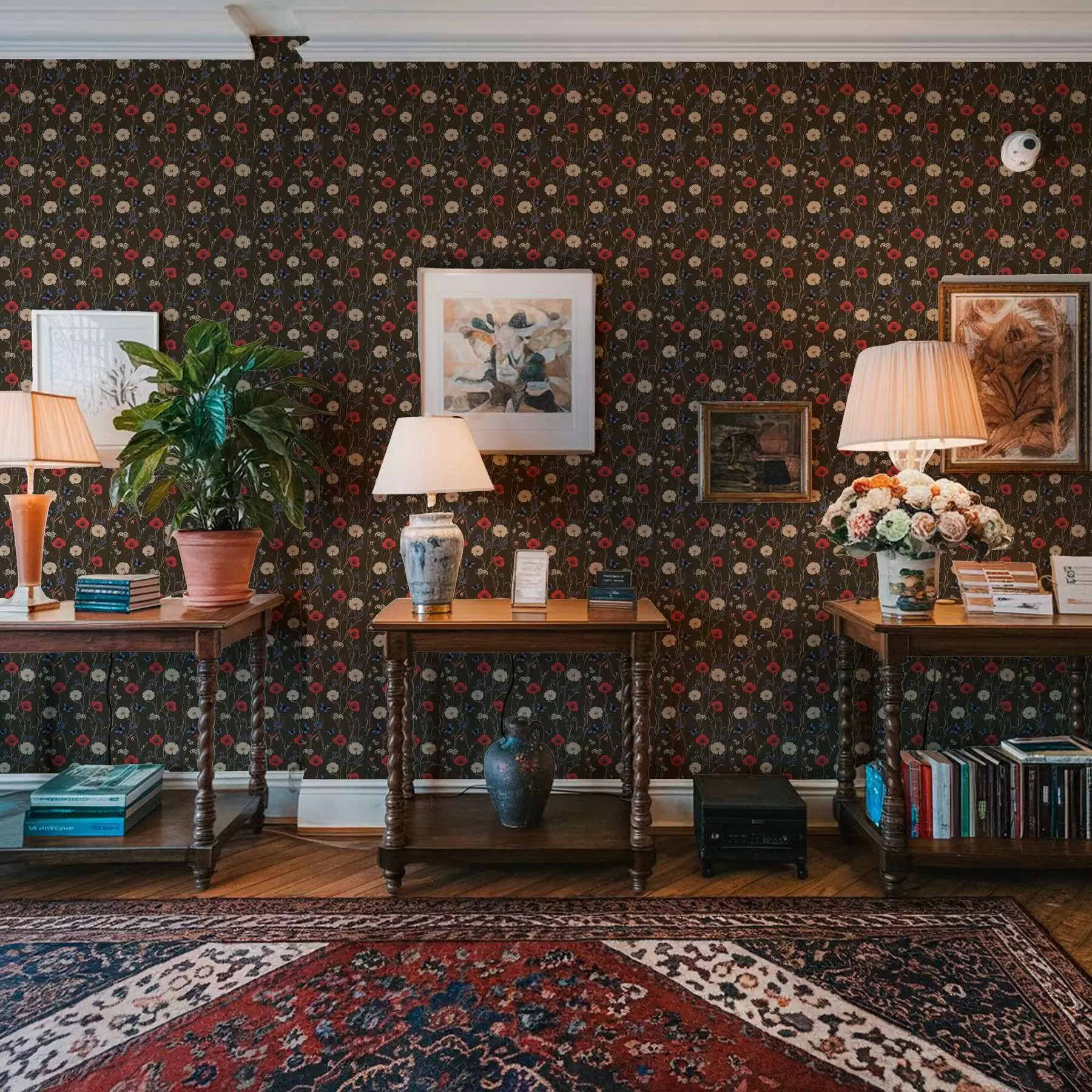 fototapet Papioane, margarete și fluturi pe un fundal întunecat a00072v2