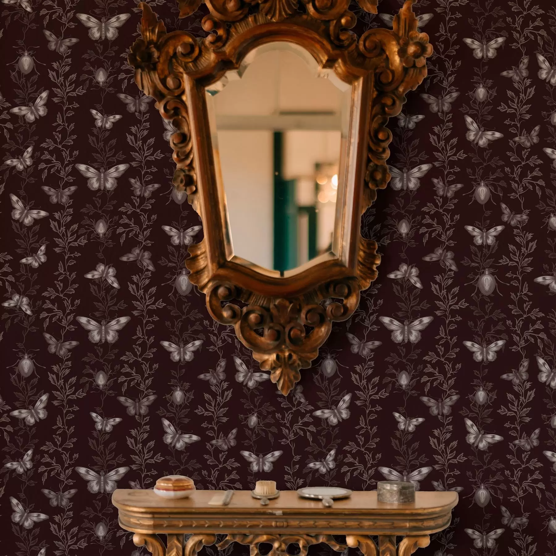 fototapet Compoziție cu fluturi, frunze și insecte pe fundal întunecat a00073v1