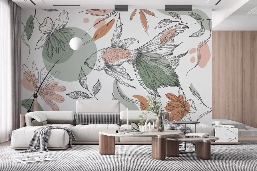 fototapet Linie de desen pește cu flori, minimalism, marin, floral, culori naturale w03448