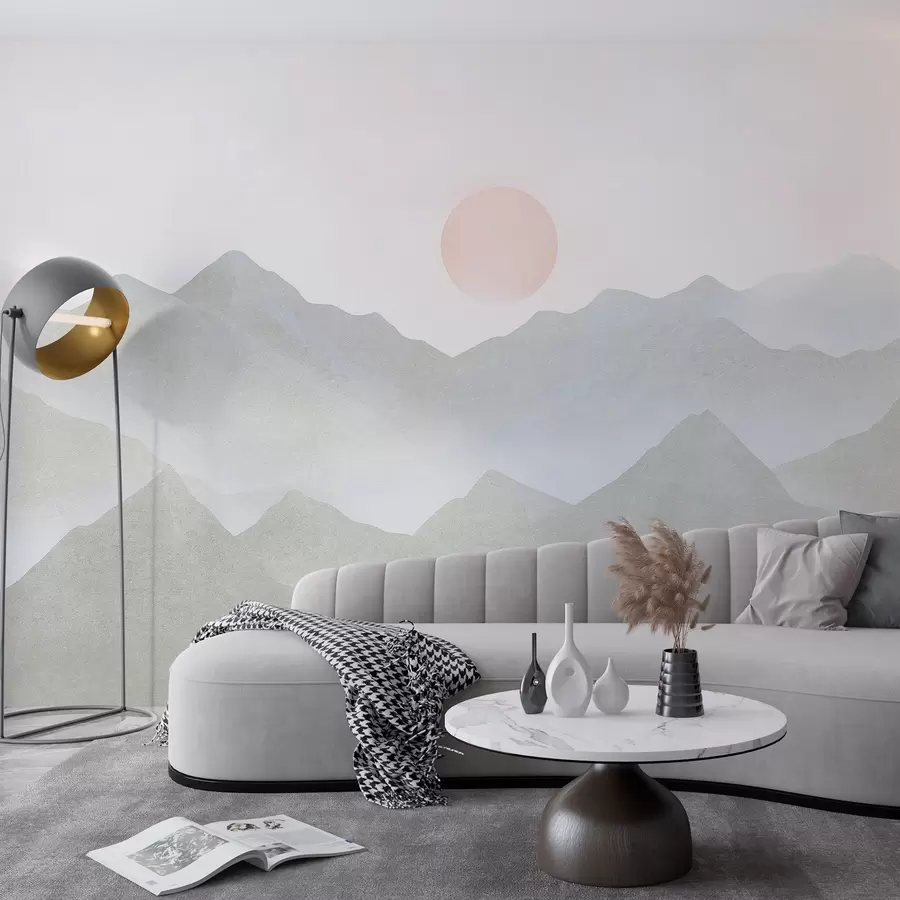 fototapet Boho stil munți peisaj, apus de soare, pastel moale, gri w03547v1