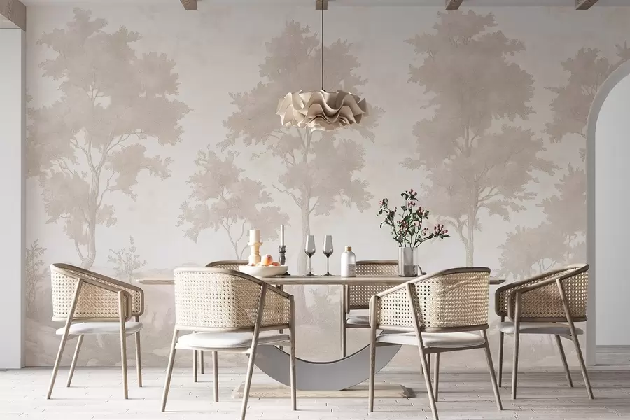 fototapet Copaci pe deal, desen în stil pastel, culori bej, rustic w03550