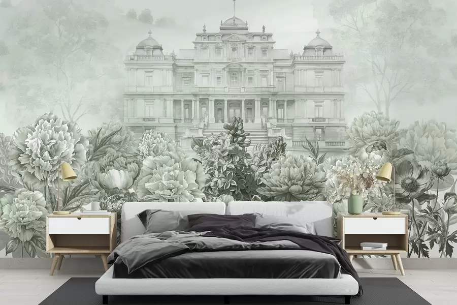 fototapet Palat regal cu grădină de bujori, stil acuarelă, natură, culori verzi, boho w03552v2