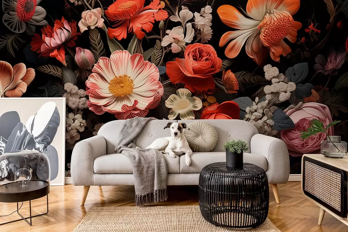 fototapet Buchet colorat de flori diferite pe un fundal întunecat în tonuri calde w08969