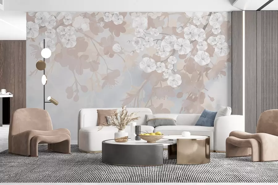fototapet Ramuri de flori de cireș cu flori albe și frunze gri, pe siluete florale elegante în culori pastelate moi w08973
