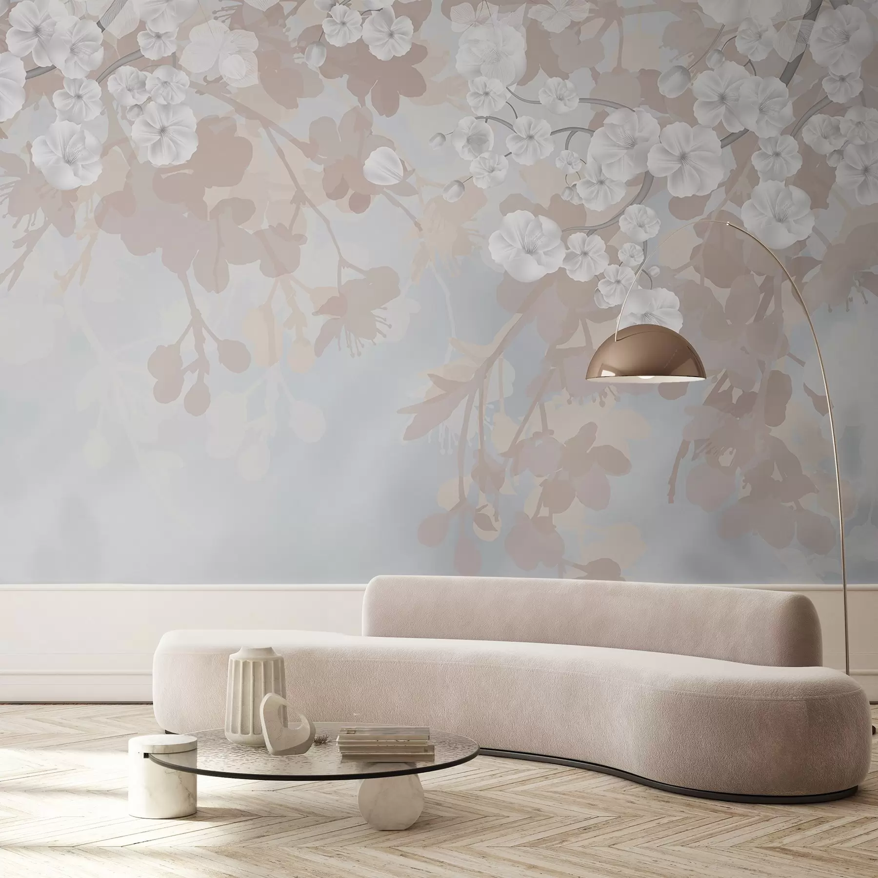 fototapet Ramuri de flori de cireș cu flori albe și frunze gri, pe siluete florale elegante în culori pastelate moi w08973