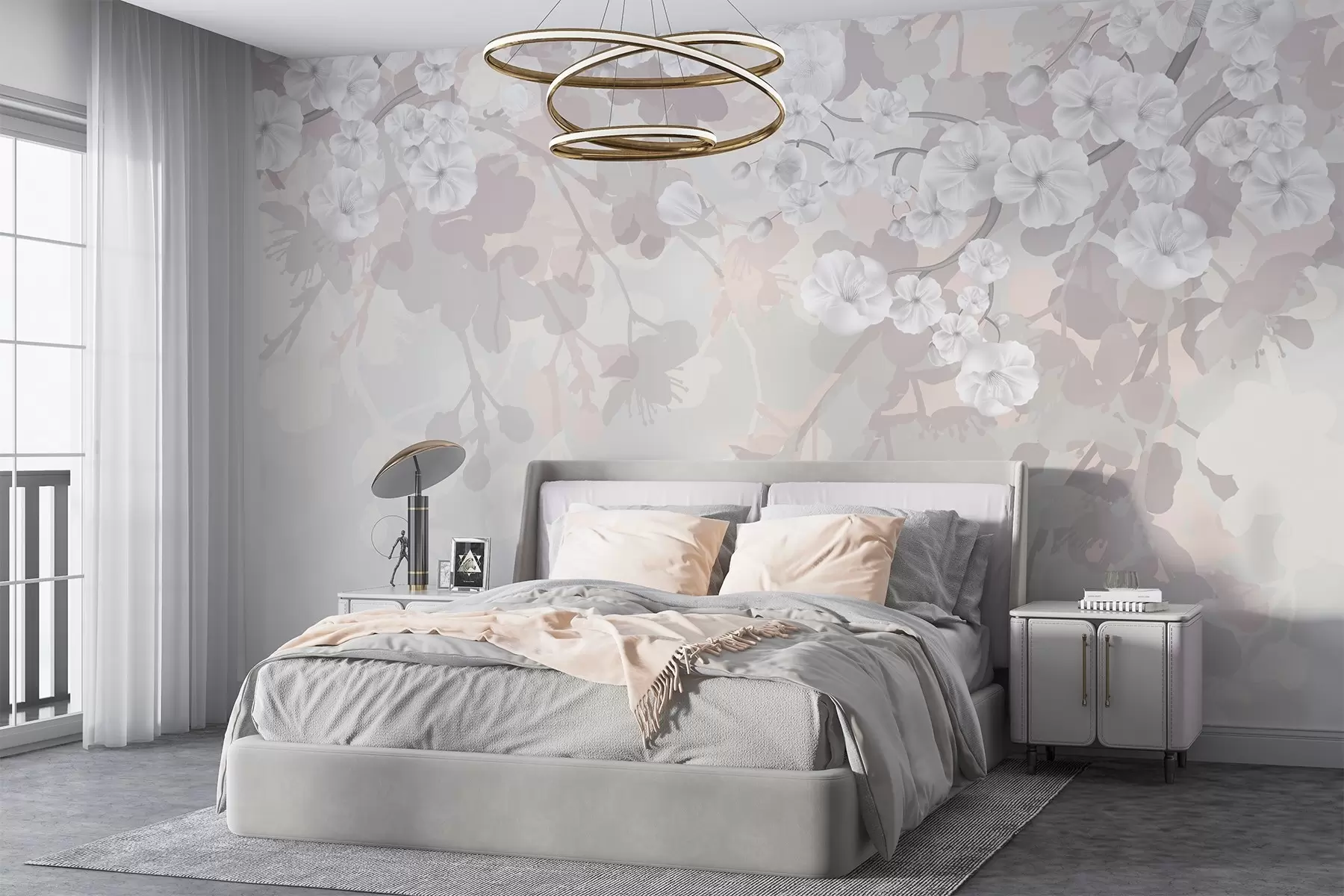 fototapet Ramuri de flori de cireș cu flori albe și frunze gri, pe siluete florale elegante în culori pastelate moi w08973v1